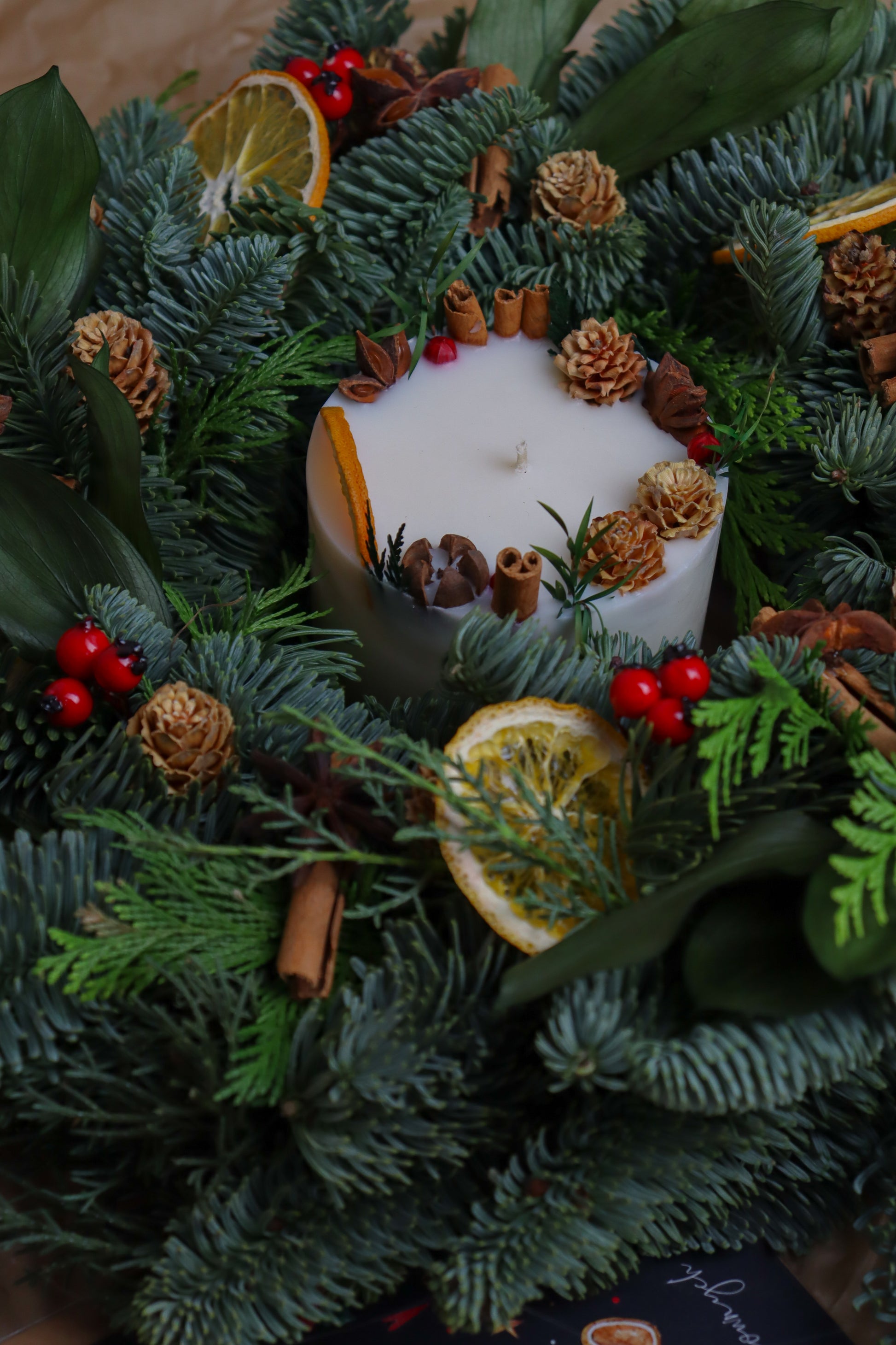 Festive botanical soy wax candle with holiday spice fragrance for gift decor