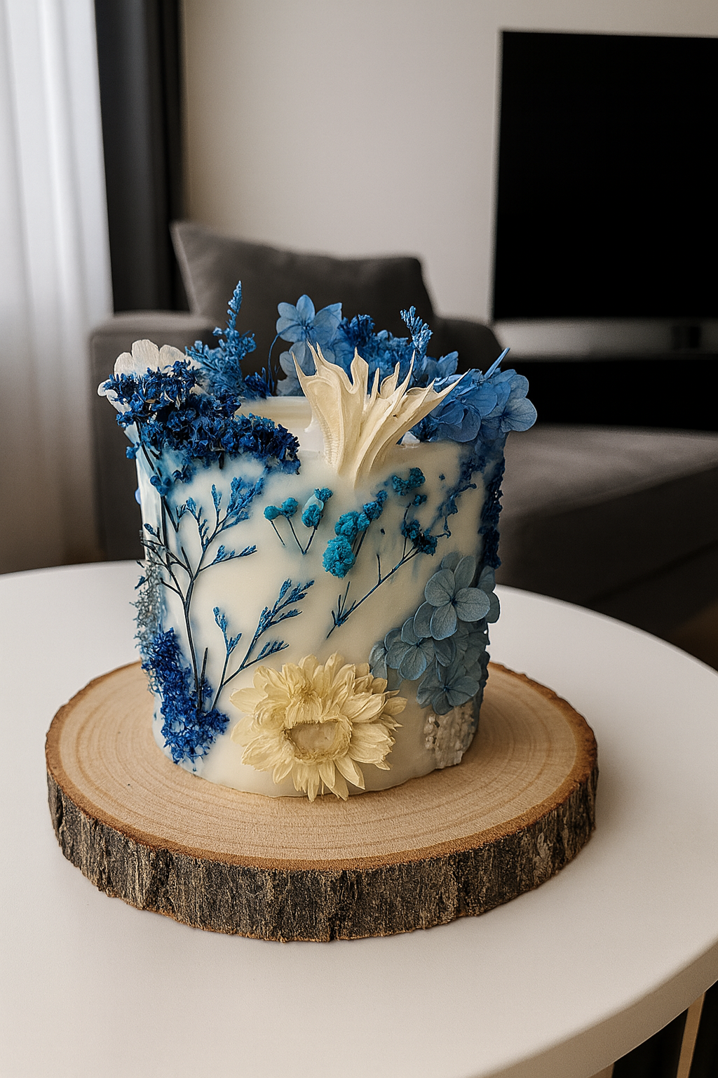 Botanical dried flower blue candle – soy wax with real pressed blue blooms