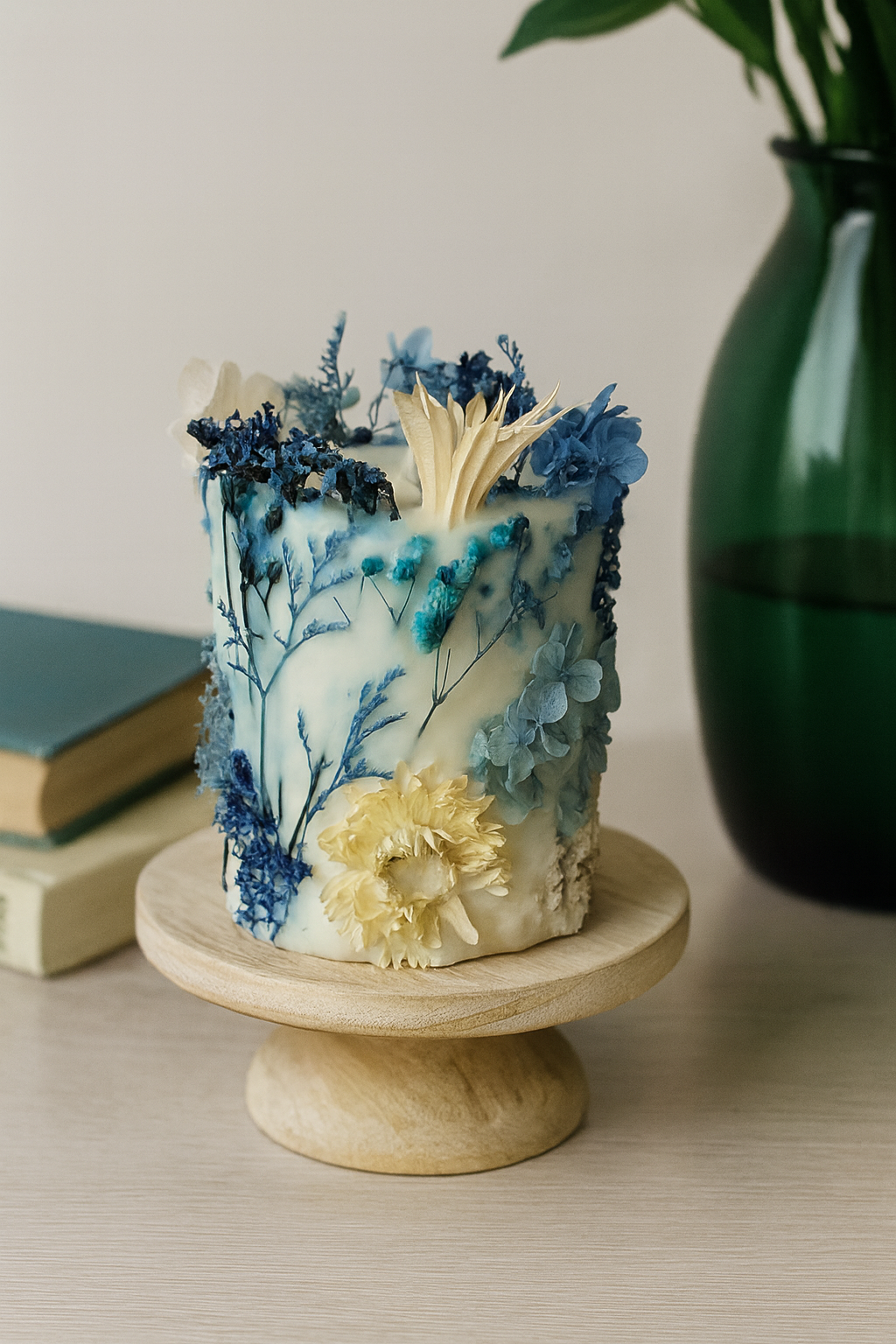 Decorative botanical candle with blue and white flowers on a wooden stand, with a green vase and books in the background.