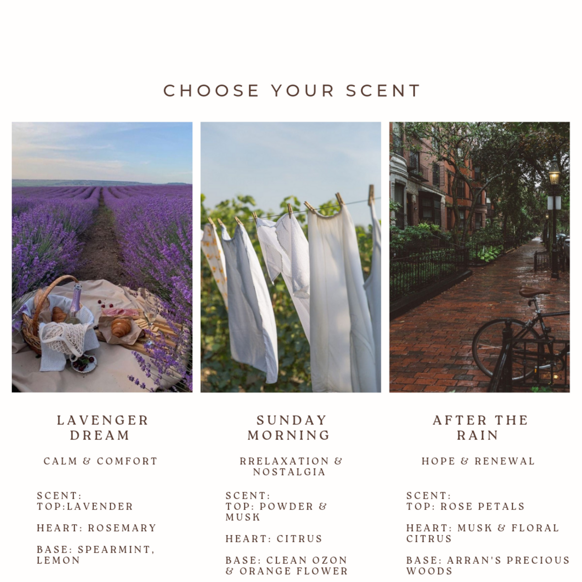 Promotional graphic for choosing a scented product with scenic images and descriptions.