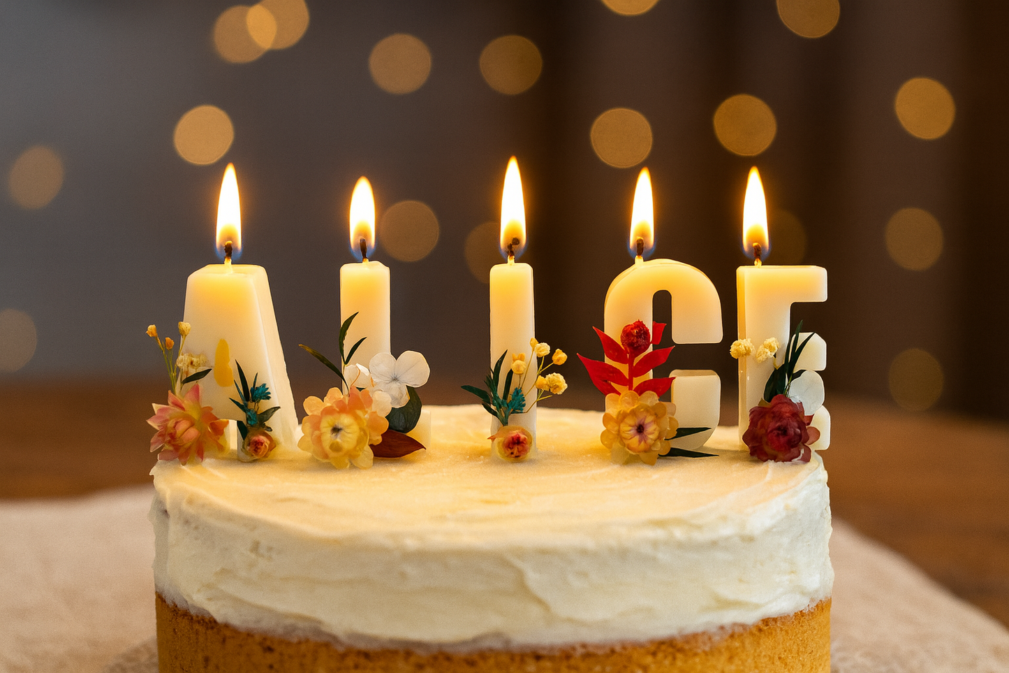 Custom cake top letter candle in beige, eco-friendly soy wax