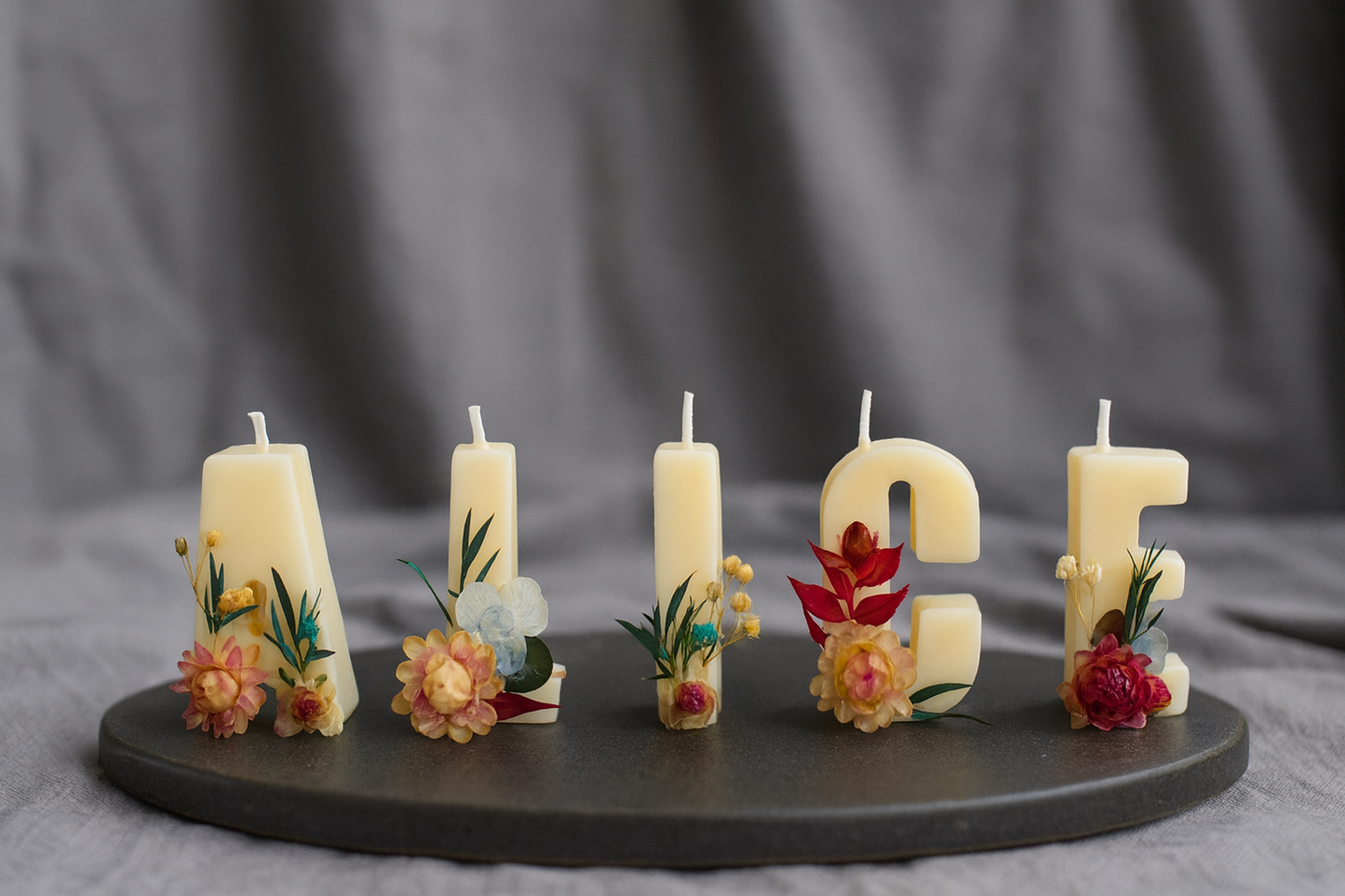 Personalized custom letter candles spelling 'Alice' on cake – self-standing soy wax