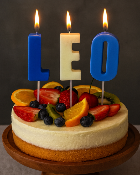 Custom multicoloured letter candle cake topper name “Leo”, eco-friendly soy wax