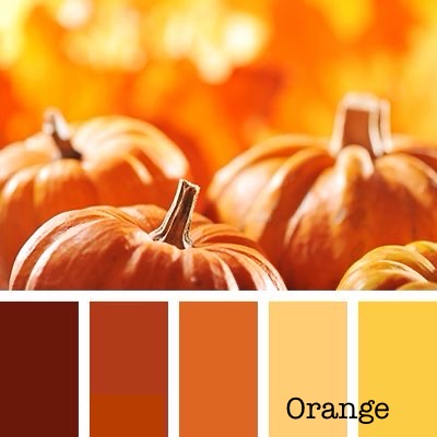 Autumn scene with pumpkins and color swatch labeled 'Orange'.
