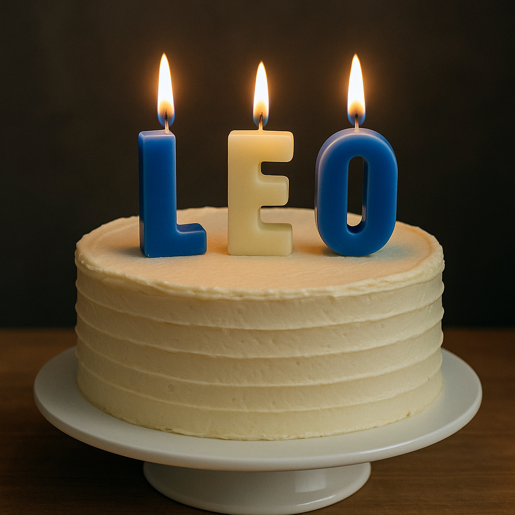 Multicoloured custom letter candles spelling “LEO” on cake – self-standing soy wax