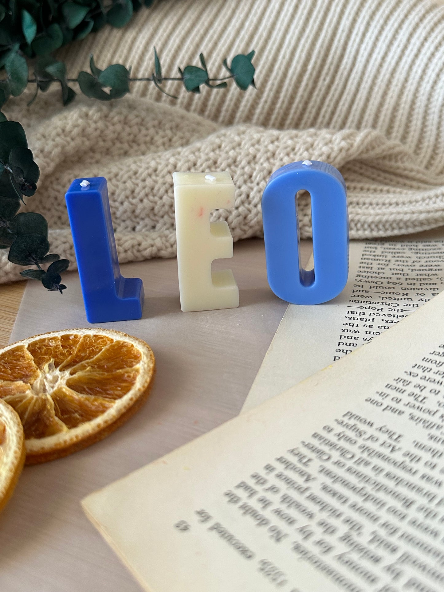 Blue candle letters 'LEO' on a book with dried oranges and greenery