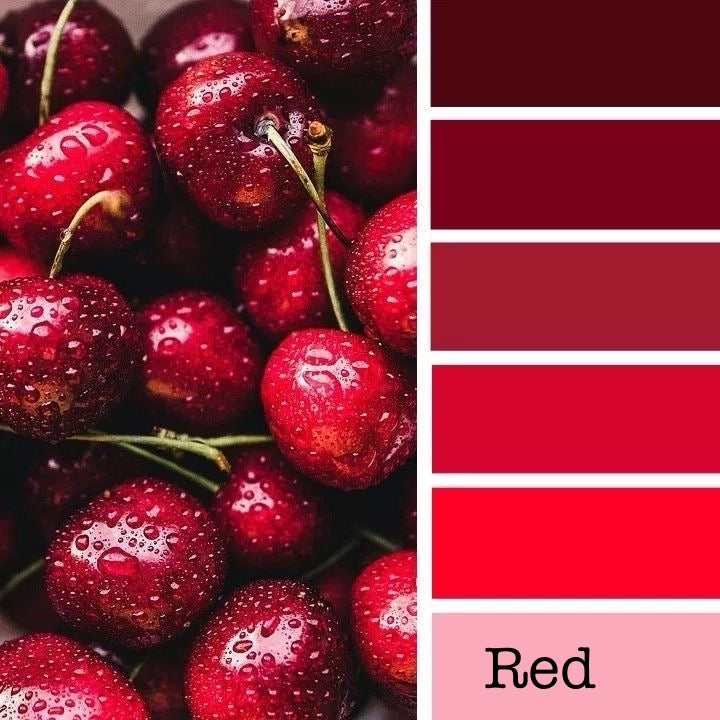 Close-up of red cherries with a color swatch labeled 'Red'.