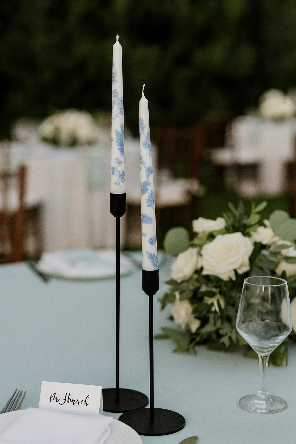 Close-up of Chinoiserie design details on soy-wax taper candle