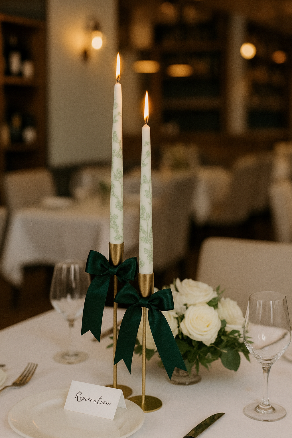 Decorative table setting with candles, flowers, and place card in a restaurant.