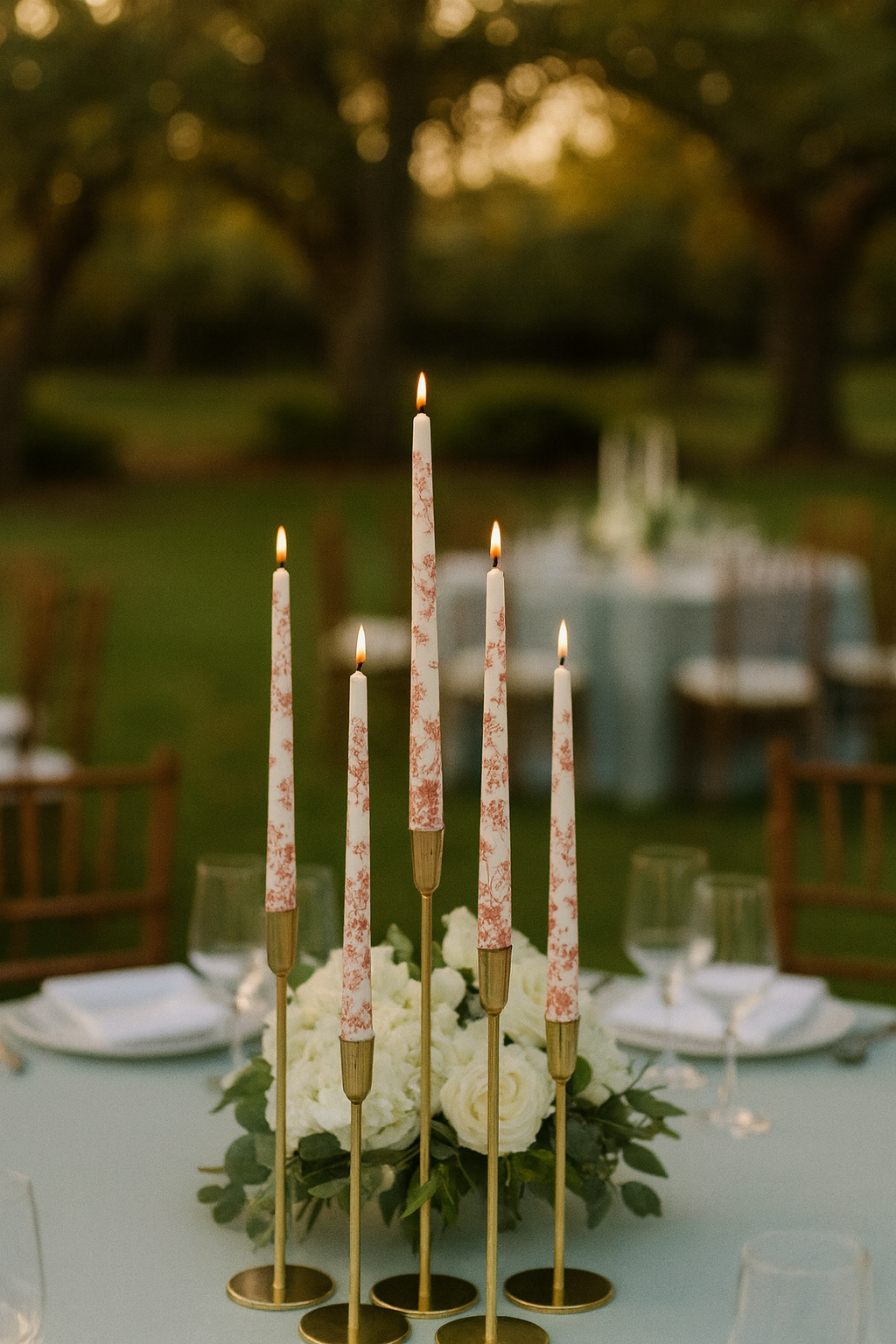 Decorative candles with gold bases on a table outdoors.