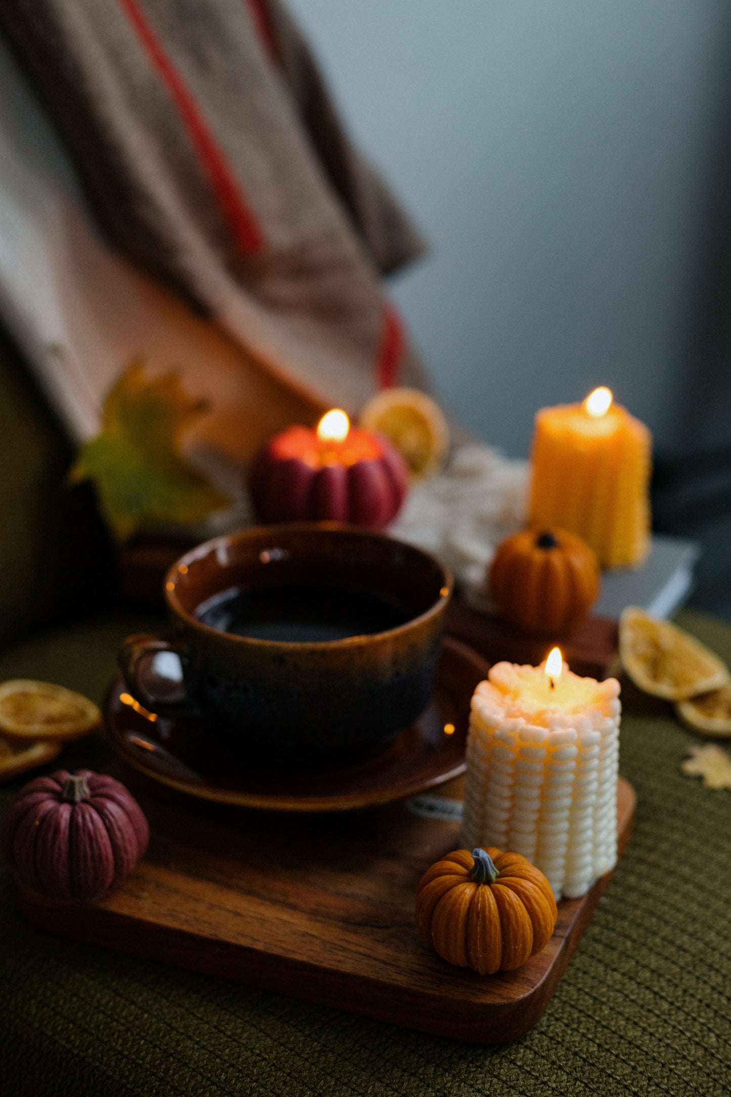 Close-up of corn cob shaped candle for harvest-themed home décor