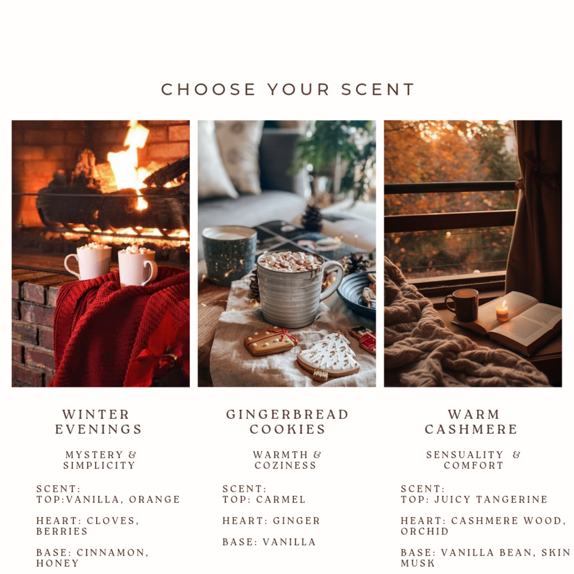 Promotional graphic for scented products with fireplace, cozy living room, and window scenes.