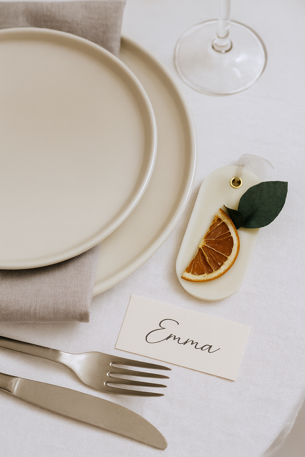 Close-up of elegant sachet with dried botanicals and personalized note