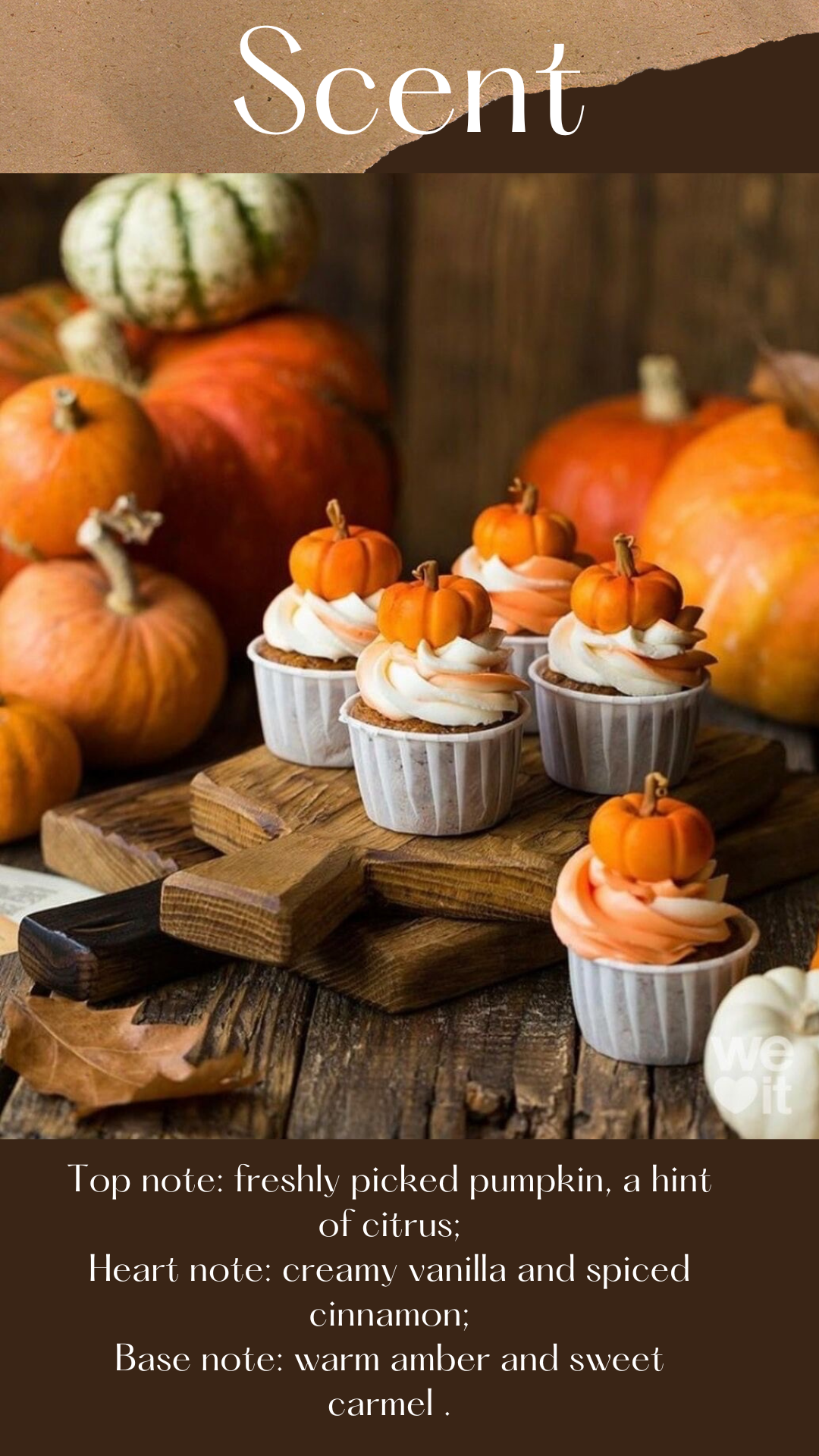 Cupcakes with pumpkin decorations on a wooden table with pumpkins in the background.
